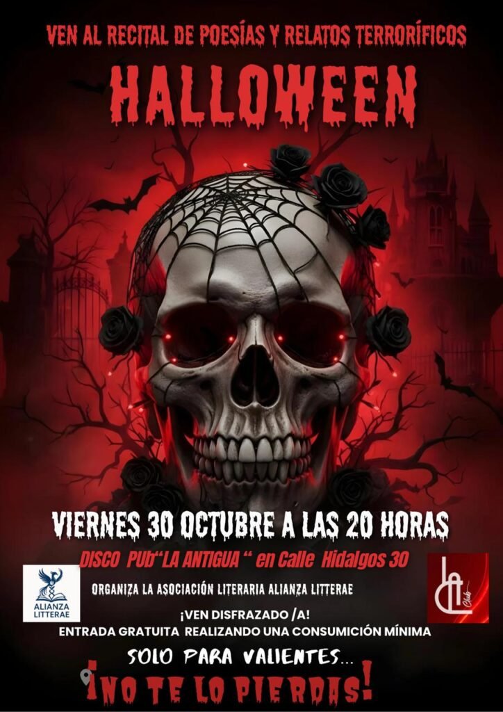 Cartel del recital de Halloween de Alianza Litterae: viernes 30 de octubre a las 20:00 h en La Club, calle Hidalgos 30, Ciudad Real