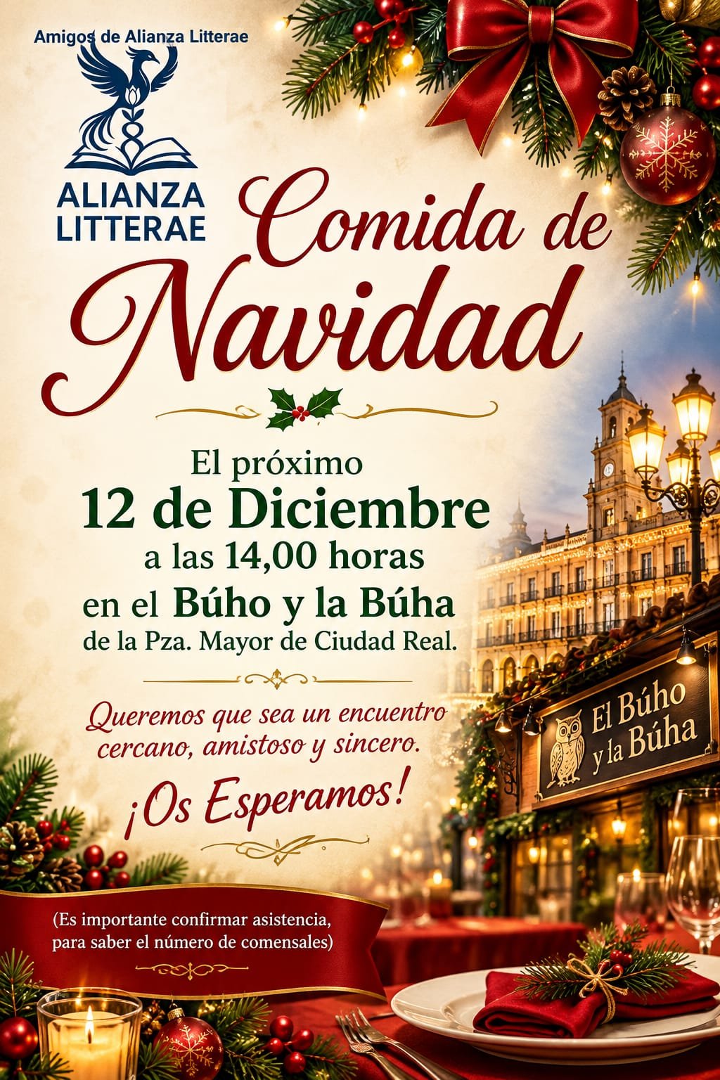 Cartel de la Comida de Navidad de Alianza Litterae: 12 de diciembre a las 14:00 h en El Búho y la Búha, Plaza Mayor de Ciudad Real