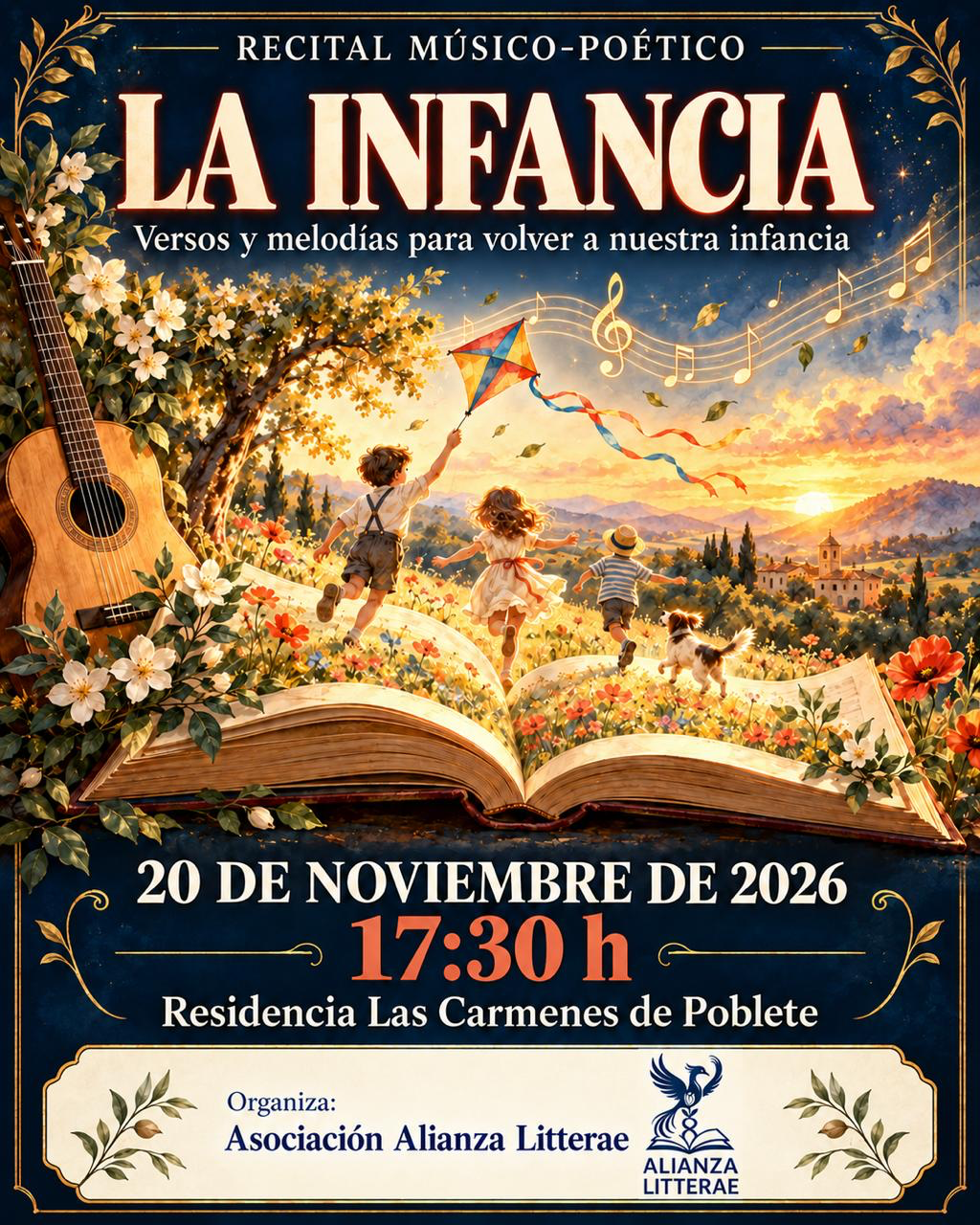 Cartel del recital músico-poético «La infancia»: 20 de noviembre de 2026, 17:30 h, Residencia Las Cármenes de Poblete. Organiza la Asociación Alianza Litterae
