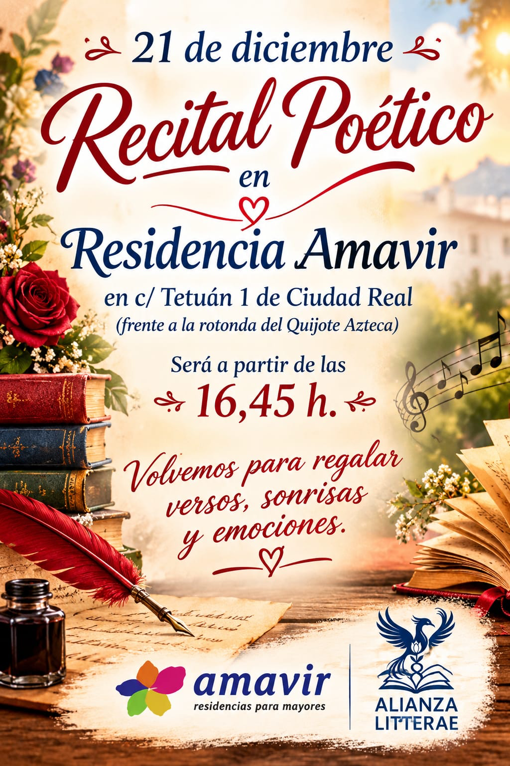 Cartel del recital poético en la Residencia Amavir de Ciudad Real (c/ Tetuán 1), 21 de diciembre a las 16:45 h. Alianza Litterae y Amavir
