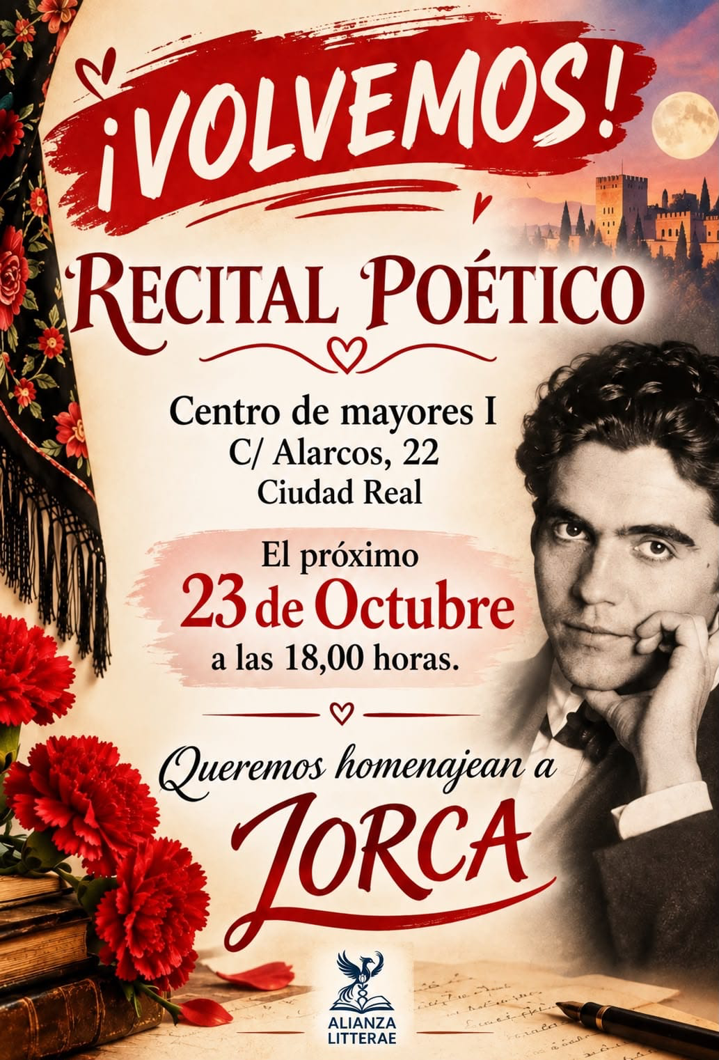 Cartel del recital poético en homenaje a Federico García Lorca: 23 de octubre a las 18:00 h, Centro de Mayores I, C/ Alarcos 22, Ciudad Real